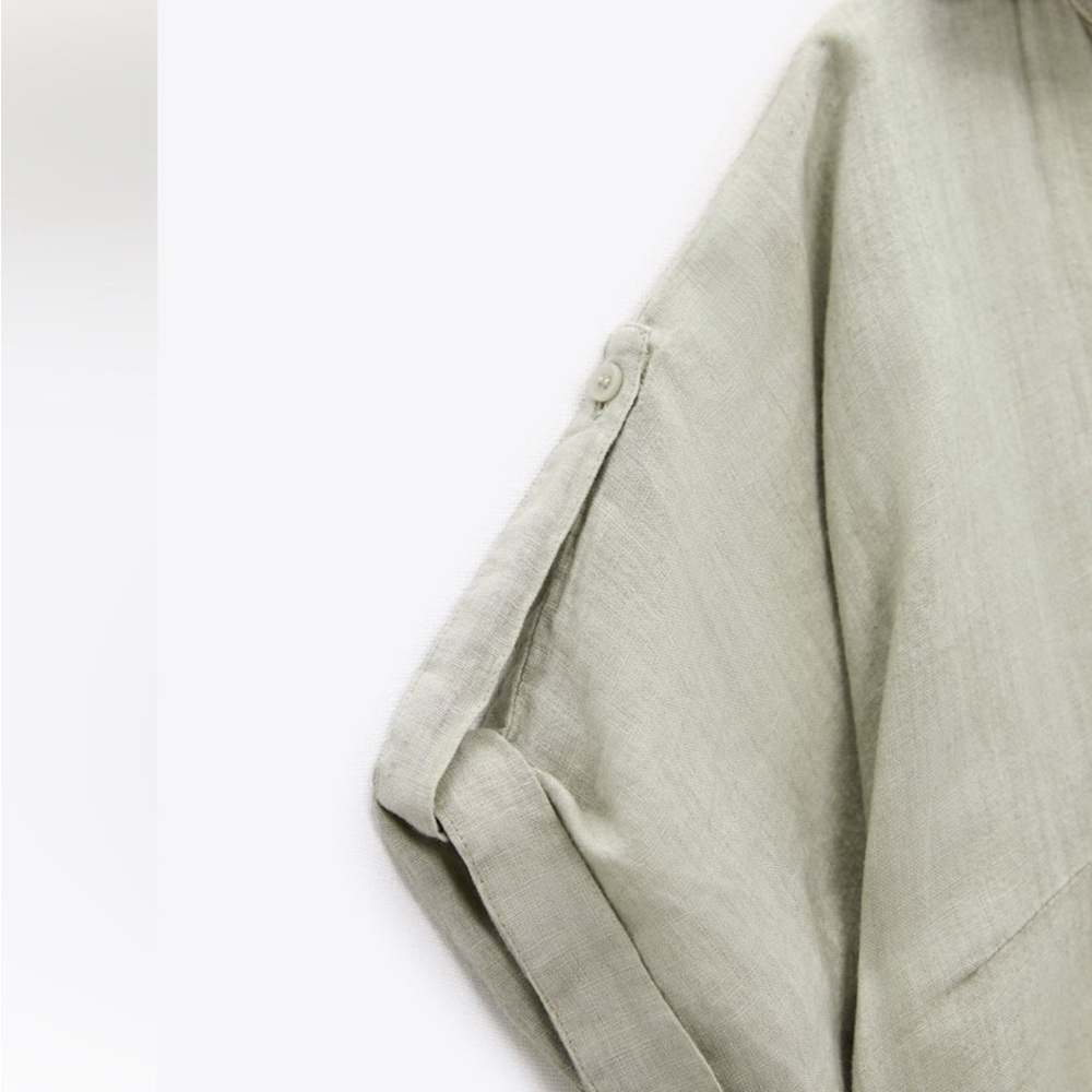 ZARA GREEN LINEN RELAXED FIT BUTTON DOWN DRESS - Picture 4 of 5